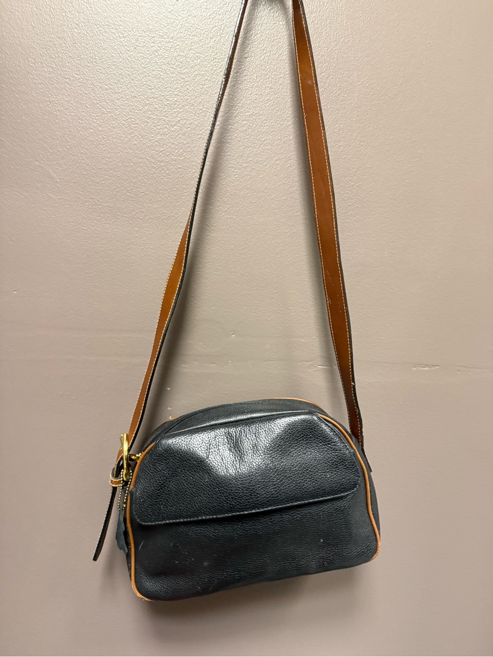 Black Leather Crossbody Bag with Tan Trim